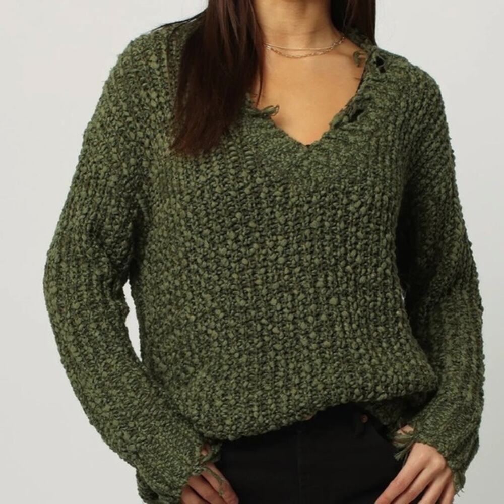 Dear John Demi Cypress Distressed Long Sleeve Soft Vneck Layering Knit Sweater